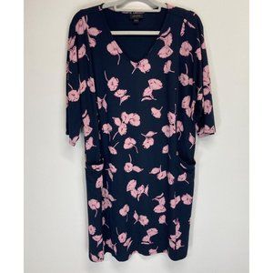 J Jill floral navy pink knit midi dress wearever collection L